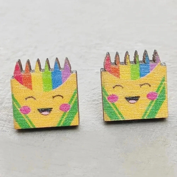 WOODEN rainbow pencil/ crayon earrings new - Picture 3 of 3